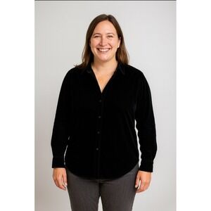 Kyla Seo Black Velvet Button‎ Up Shirt Handmade V-neck Size Medium